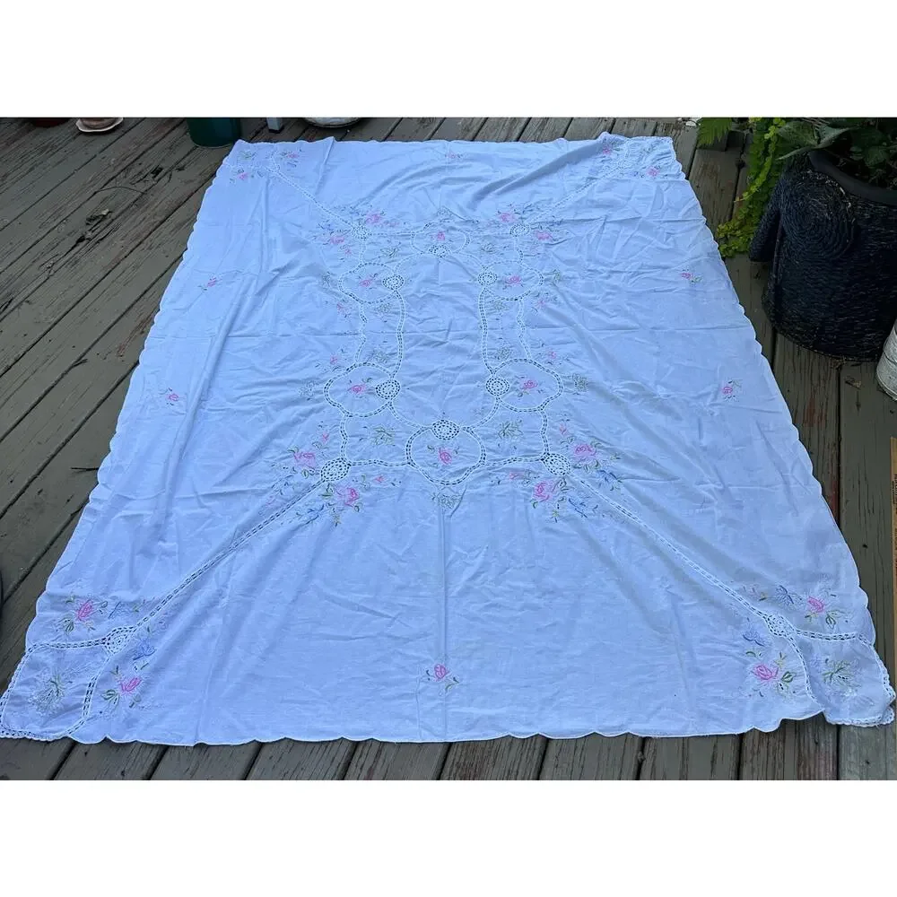 Vintage Hand Embroidered Tablecloth White floral pink blue beautiful cut out